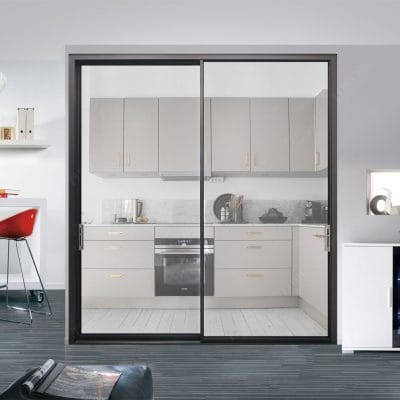 Cửa Slim 2 cánh trượt kính cường lực 8m màu trắng trong Cửa Slim 2 cánh trượt kính cường lực 8m màu trắng trong